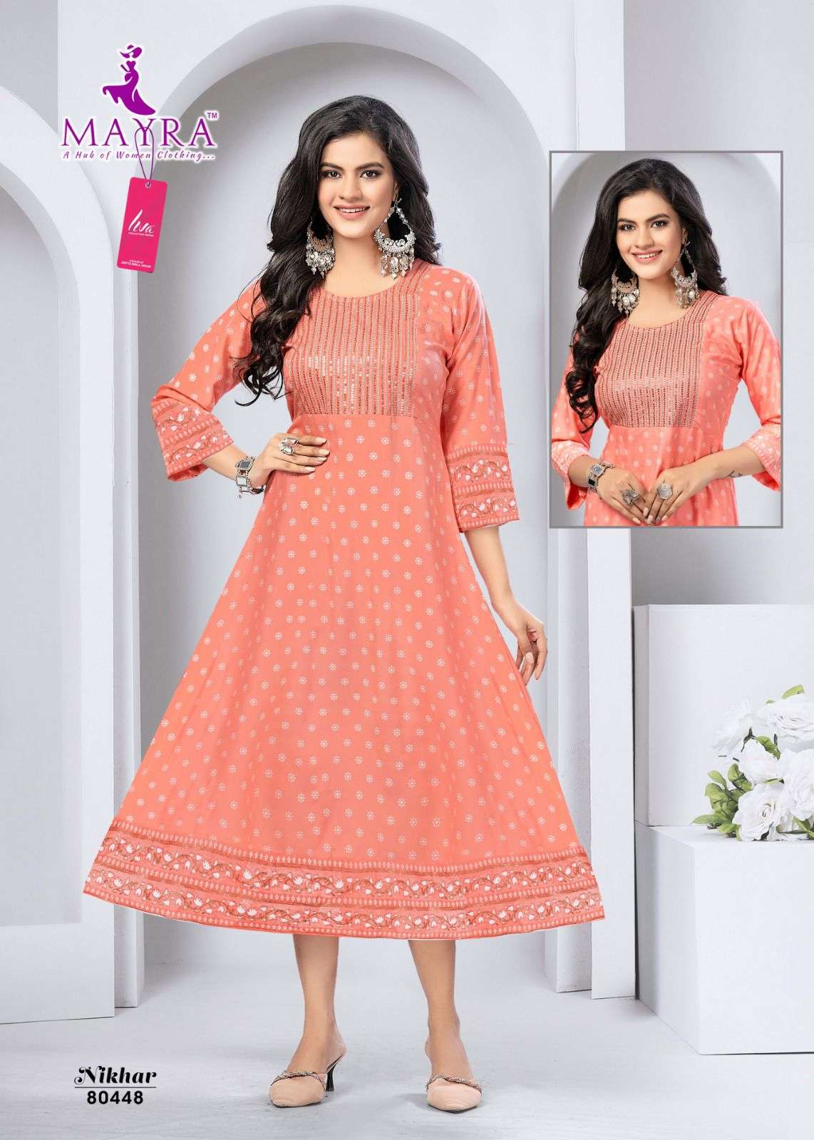NIKHAR HEAVY LIVA TAG VISCOSE REYON  EMBROYDERY WORK UMBERALLA CUT KURTI BY MAYRA 1001